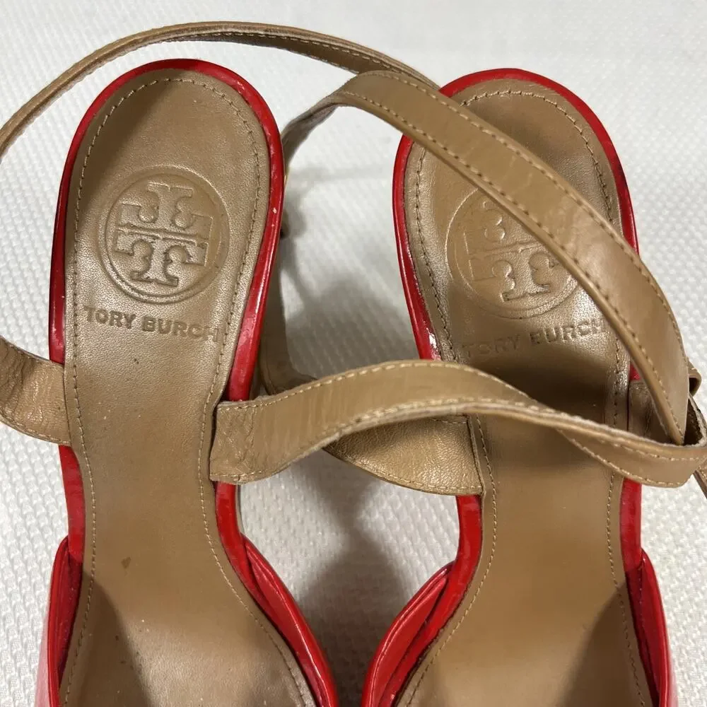 Tory Burch Red‎ Patent Leather Cork Wedge Ankle Strap Peep Toe Sandals size 7 M